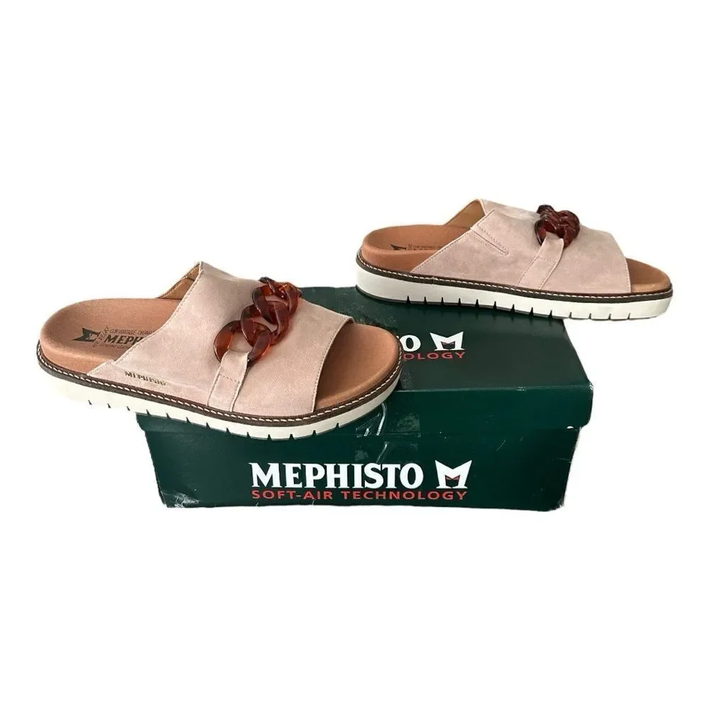 Mephisto Beverly Suede Slide Sandals EU 39 US 9 Sand Tan Tortoise Chain